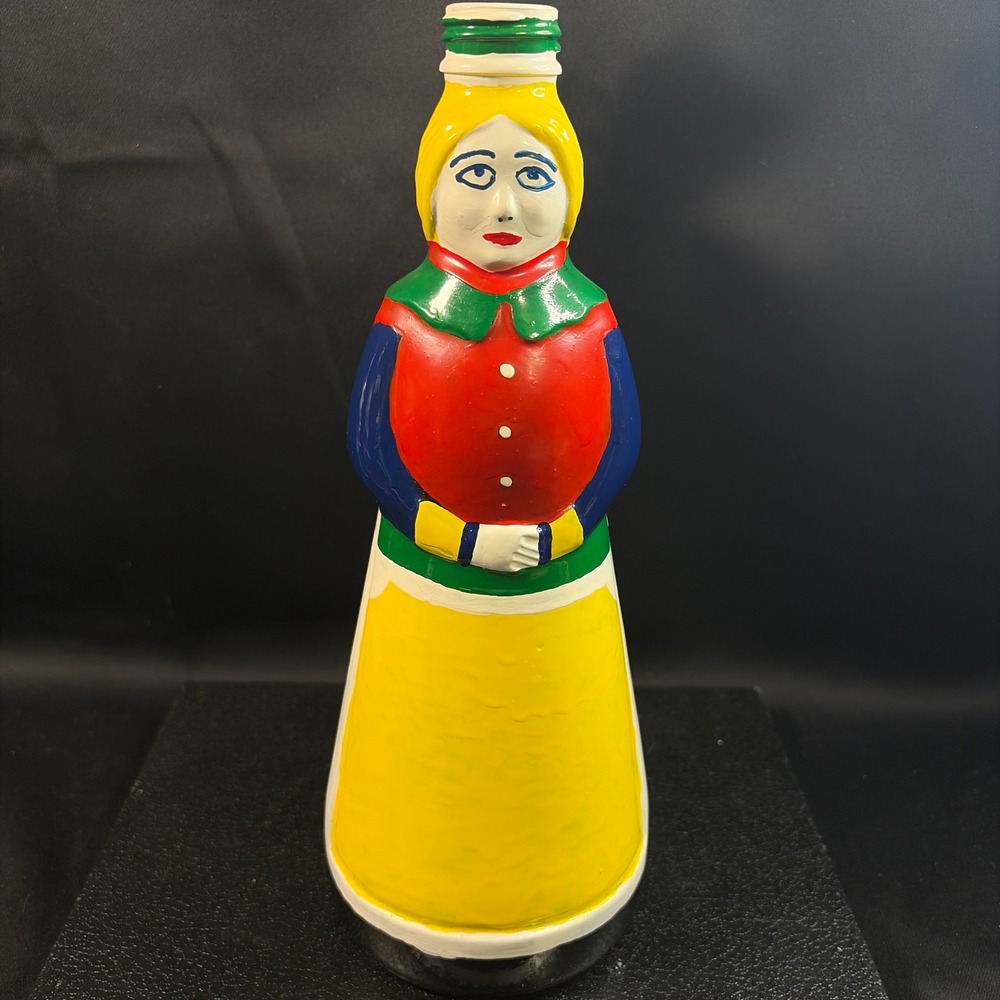 Vintage Hand Painted Folk Art Woman Glass Bottle Figurine Primary Yellow 10"